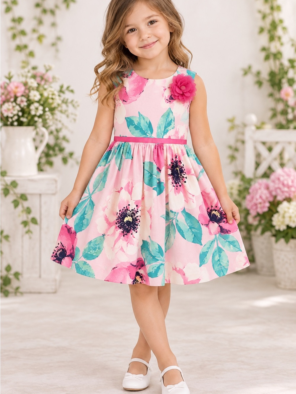 Cherokee Pink Floral Sleeveless Party Dress with Teal Leaves